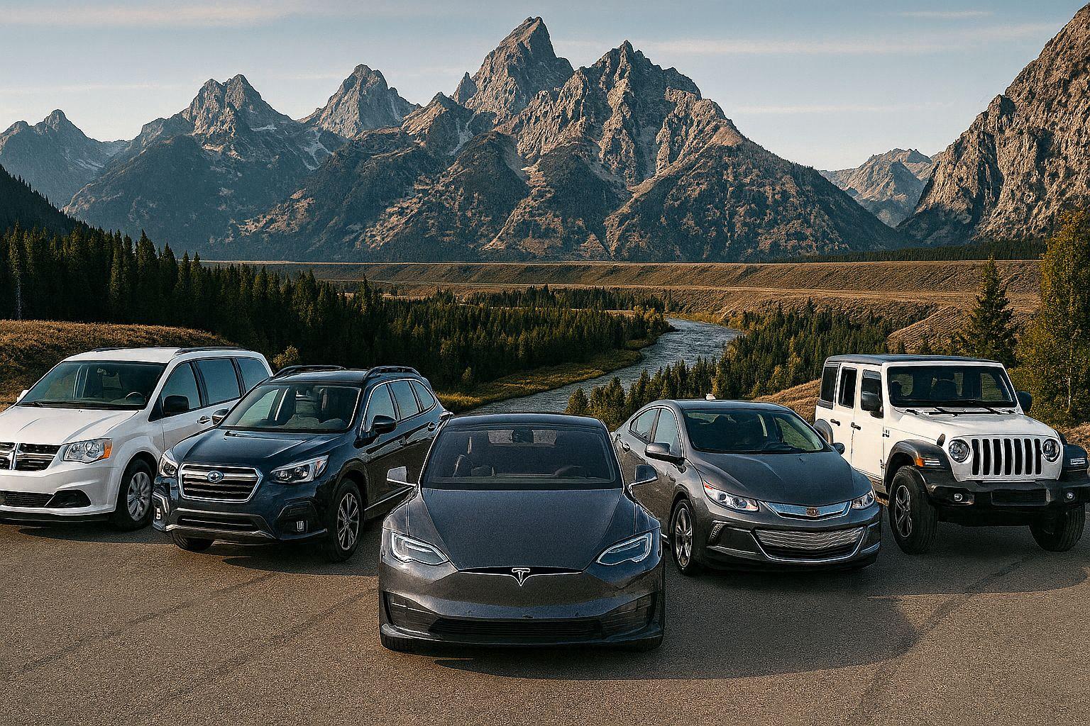 The Asgard Fleet cars: Tesla Model S Plaid, Jeep Wrangler, Subaru Ascent, Dodge Grand Caravan and Chevy Volt